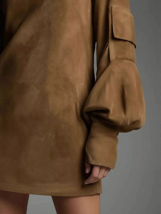 Turtleneck Lantern Sleeve Mini Dress with Pockets