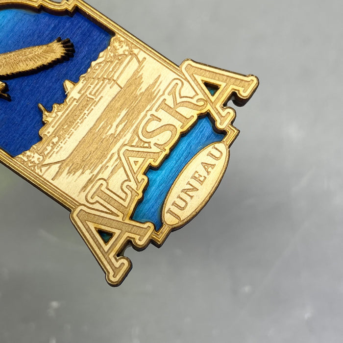 (2 PACK) Boat in the Sea Laser Cut Wood Magnet Souvenir JUNEAU, AK Made In USA