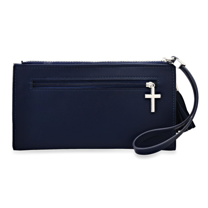 Steeltime Ladies Navy Lord's Prayer PU Leather Wristlet with Stainless Steel Cross Charm & Leather Tassel