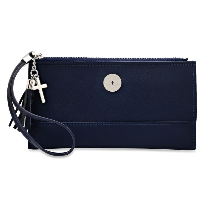 Steeltime Ladies Navy Lord's Prayer PU Leather Wristlet with Stainless Steel Cross Charm & Leather Tassel