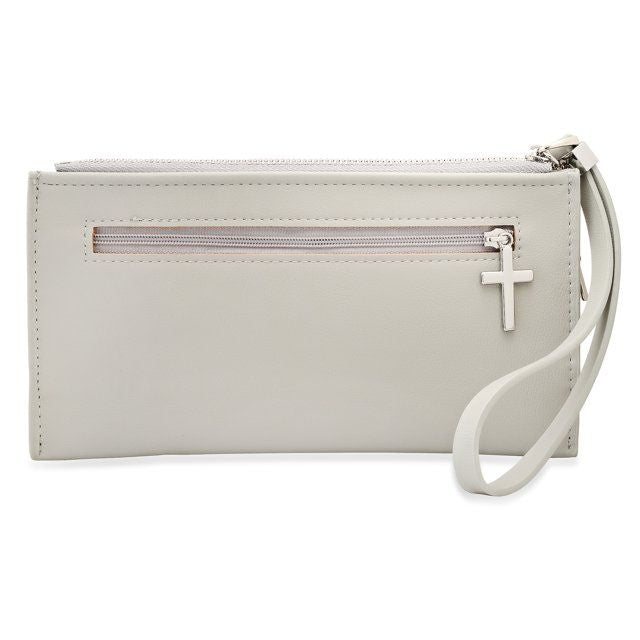 Ladies Cream Lord's Prayer Wristlet with Stainless Steel Cross Charm & Leather Tassel