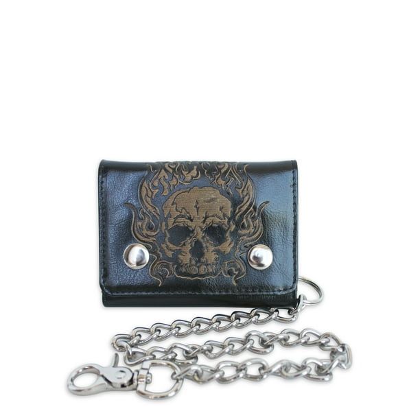 No Boundaries Men's Trifold Chain Skull Wallet Black