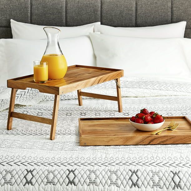 Better Homes & Gardens Acacia Wood Rectangular Bed Tray with Stand in Natural Finish Brown, One Size