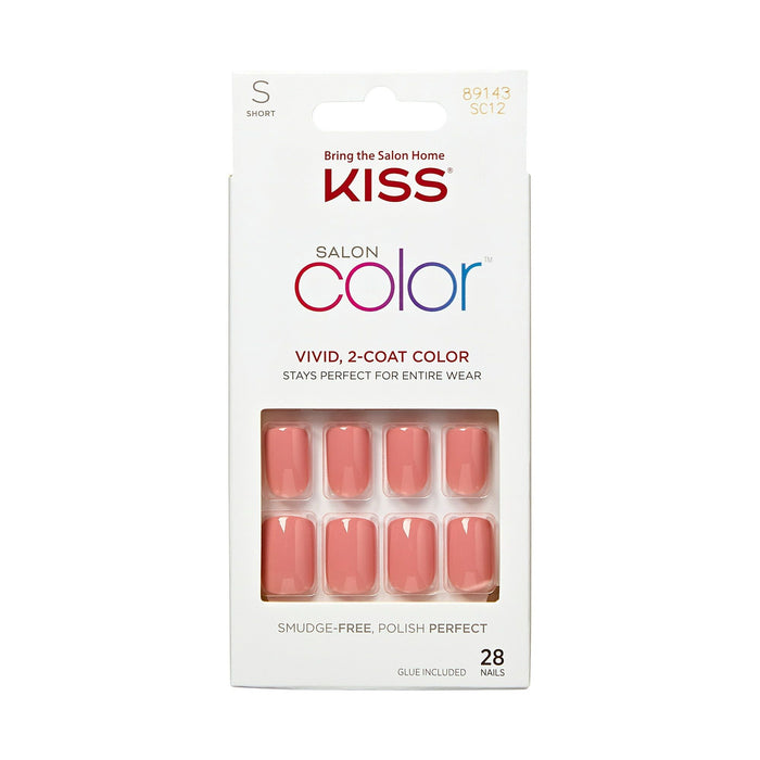 KISS Salon Color Short Square Fake Nails, Glossy Solid Pink, 'Guilty', 28 Ct.