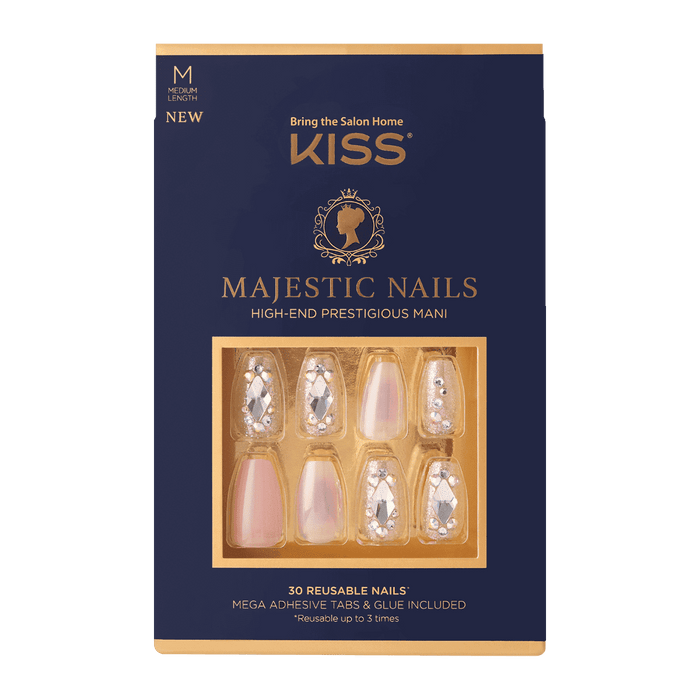 KISS Majestic Nails, 'In a Crown', 30 Reusable Medium Coffin Shape Jeweled Nails