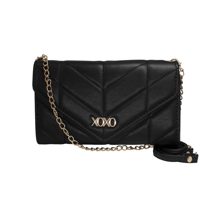 XOXO Women's Small Black Vegan Leather Quilted Fold Wallet withCrossbody Strap