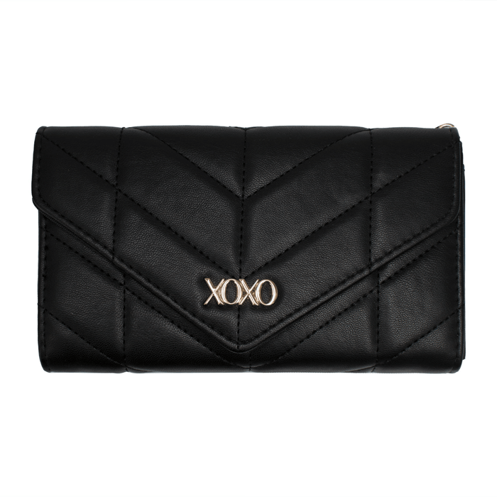 XOXO Women's Small Black Vegan Leather Quilted Fold Wallet withCrossbody Strap