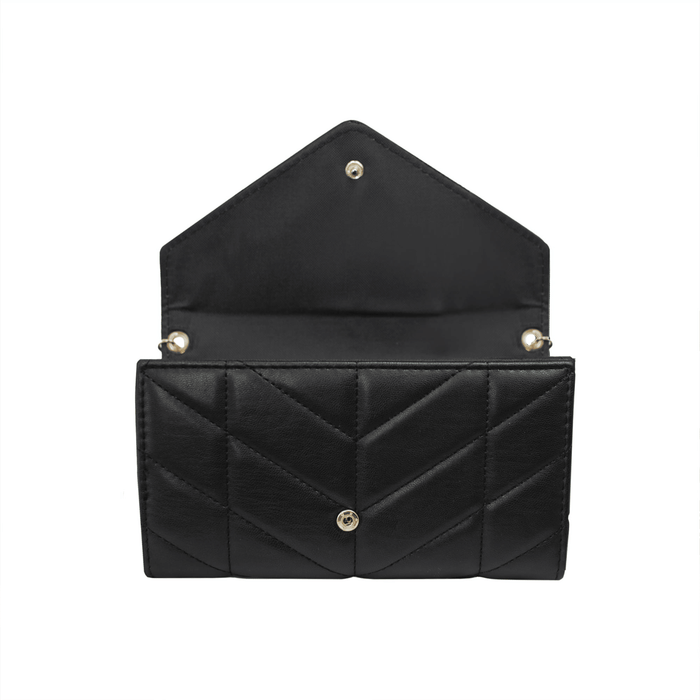 XOXO Women's Small Black Vegan Leather Quilted Fold Wallet withCrossbody Strap