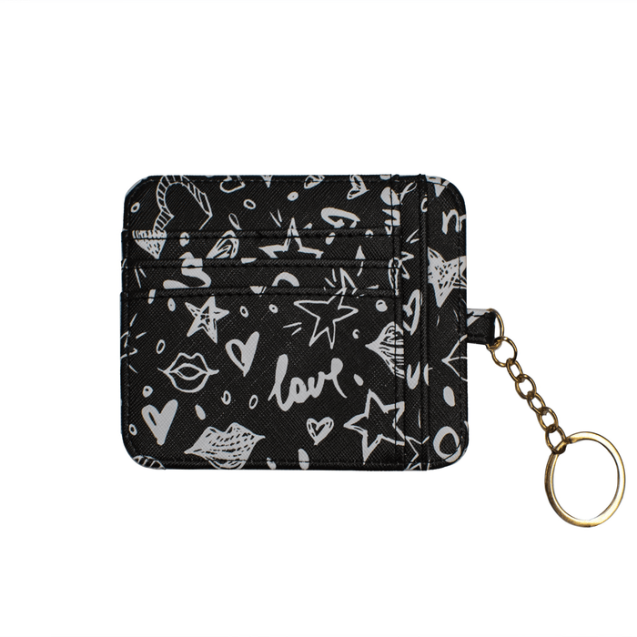 XOXO Women's Mini Black Graffeti Print Saffiano Leather Key Card ID Coin Case Wallet