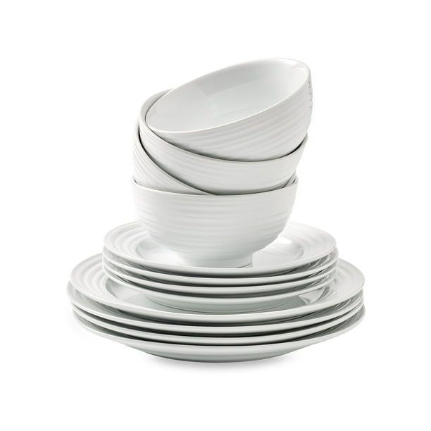 Better Homes & Gardens - Anniston White Round Porcelain 12-Piece Dinnerware Set