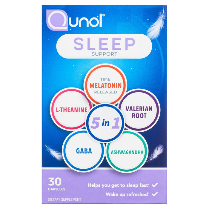 Qunol Sleep Support, 5 in 1 Non-Habit Forming Sleep Aid, Supplement with time-released Melatonin 5mg, Ashwagandha, GABA, Valerian Root, L-Theanine, 30ct Capsules