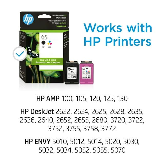 HP 65 Ink Cartridges - Black, Tri-color, 2 Cartridges (T0A36AN)