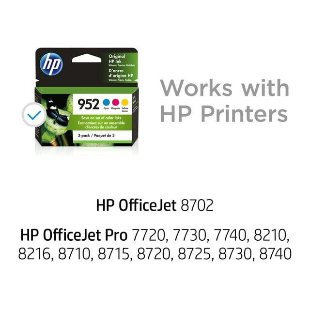 HP 952 Ink Cartridges - Cyan, Magenta, Yellow, 3 Cartridges (N9K27AN)