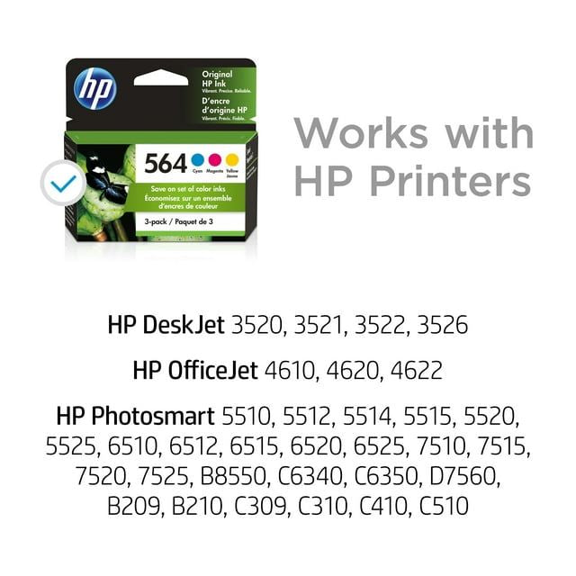 HP 564 Ink Cartridges - Cyan, Magenta, Yellow, 3 Cartridges (N9H57FN)