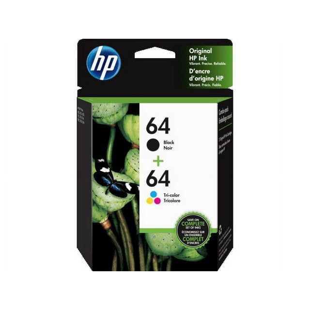 HP 64 Ink Cartridges - Black, Tri-color, 2 Cartridges (X4D92AN)