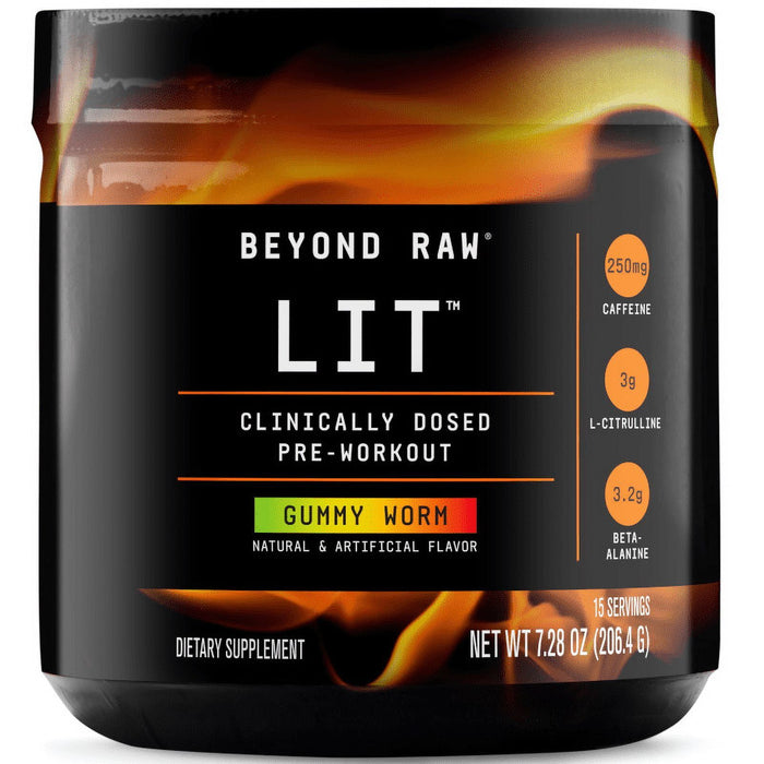 Beyond Raw? LIT? Pre-Workout Powder, Gummy Worm, 250mg Caffeine, 7.44 oz