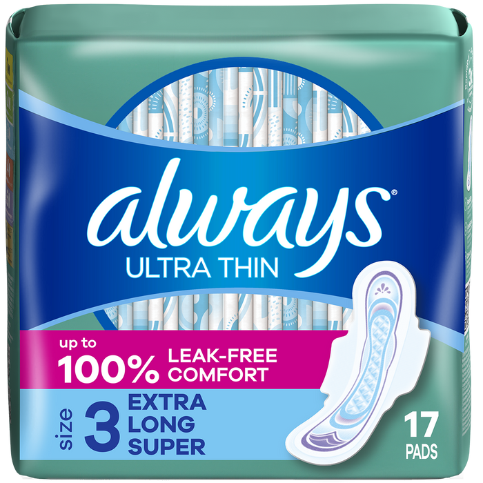 Always Ultra Thin Size 3 Pads Extra Long Super with Wings 6 Packs of 17