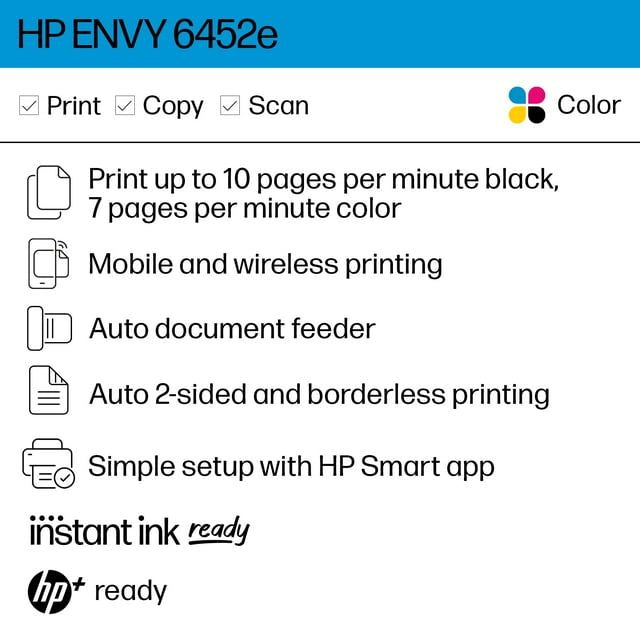 HP ENVY 6452e All-in-One Wireless Color Inkjet Photo Printer with 3 Months Instant Ink Incl with HP+