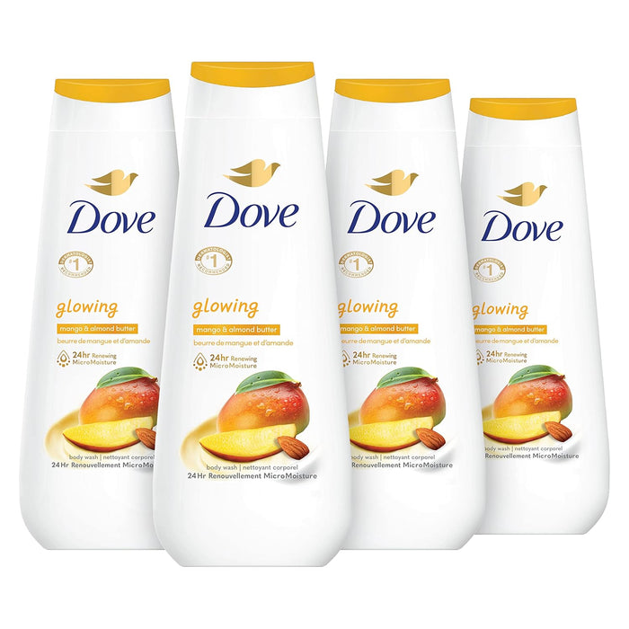 Dove Body Wash Glowing Mango & Almond Butter 4 Count for Renewed, Healthy-Looking Skin Gentle Skin Cleanser with 24hr Renewing MicroMoisture 20 oz