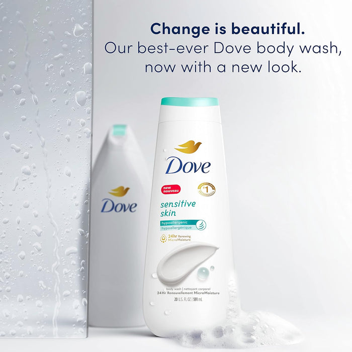 Dove Body Wash Sensitive Skin 4 Count Hypoallergenic, Paraben-Free, Sulfate-Free, Cruelty-Free, Moisturizing Skin Cleanser Effectively Washes Away Bacteria While Nourishing Skin 20 oz