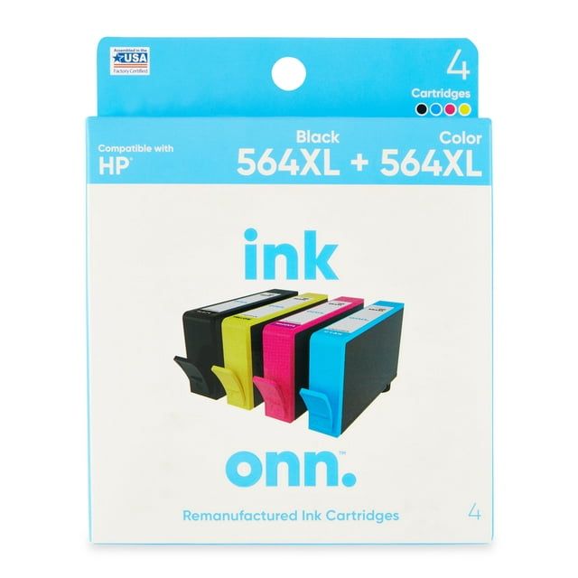 onn. Remanufactured HP 564XL Black and 564XL Color Ink, 4 Cartridges