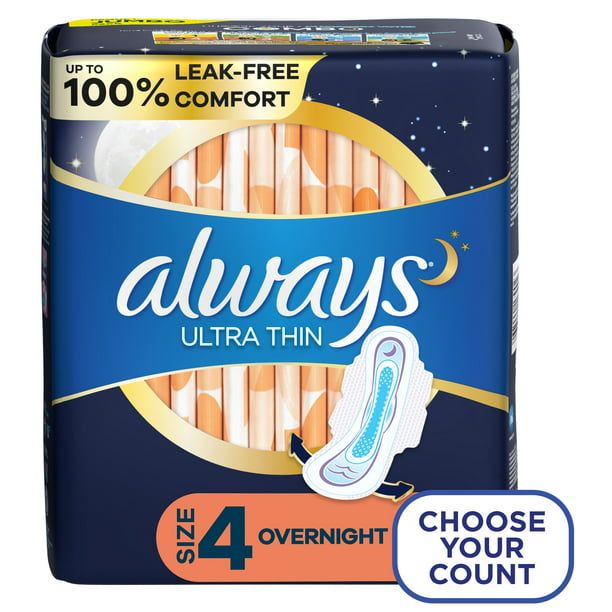 Always Ultra Thin Overnight Pads with Wings; Size 4 Overnight 36 Count