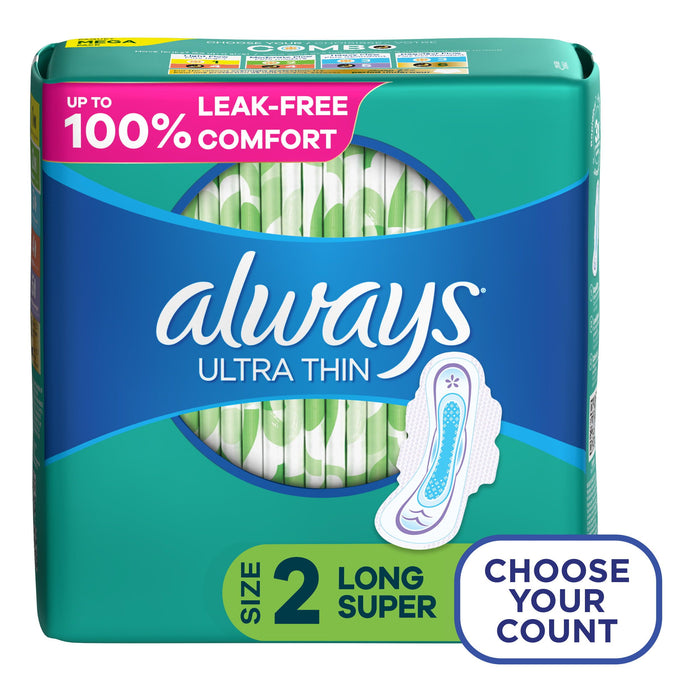 Always Ultra Thin Pads Unscented with Wings Long Absorbency; Size 2 58 Ct