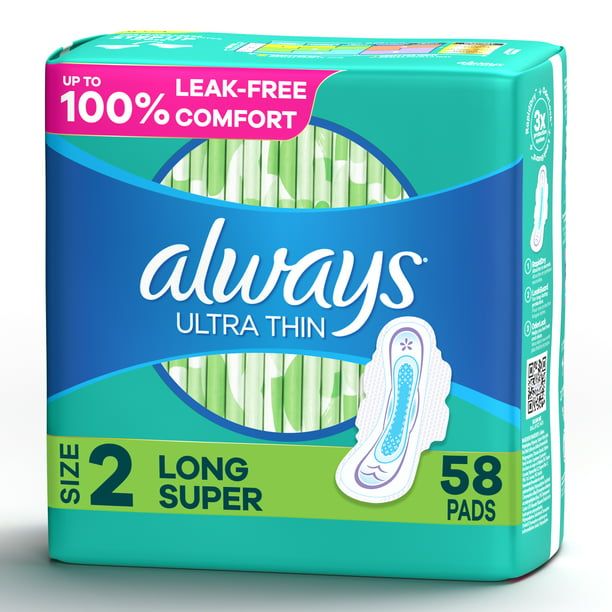 Always Ultra Thin Pads Unscented with Wings Long Absorbency; Size 2 58 Ct