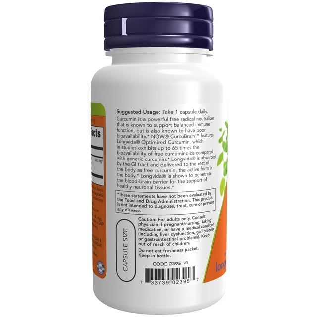 NOW Supplements, CurcuBrain? 400 mg with Longvida? Optimized Curcumin, 50 Veg Capsules