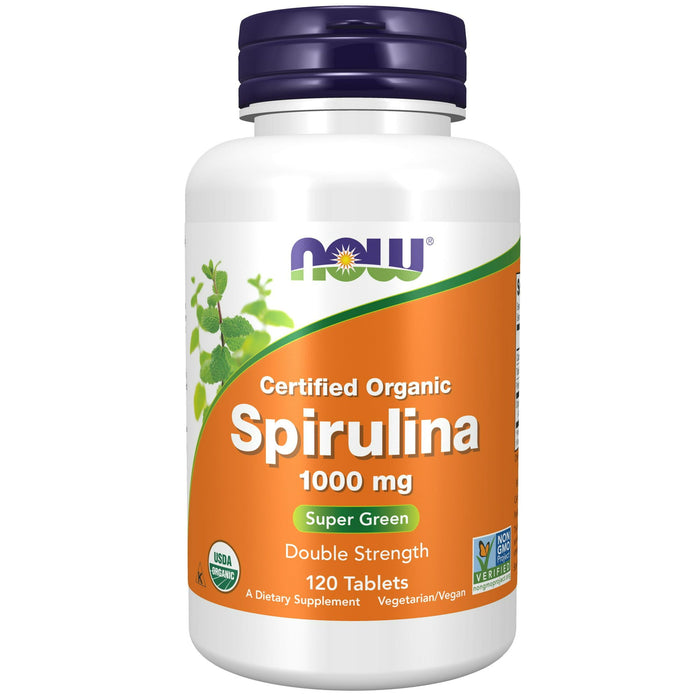 NOW Supplements, Certified Organic, Spirulina 1000 mg (Double Strength), Rich in Beta-Carotene (Vitamin A) and B-12 with naturally occurring GLA , 120 Tablets