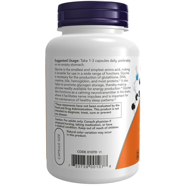 NOW Supplements, Glycine 1,000 mg Free-Form, Neurotransmitter Support*, 100 Veg Capsules