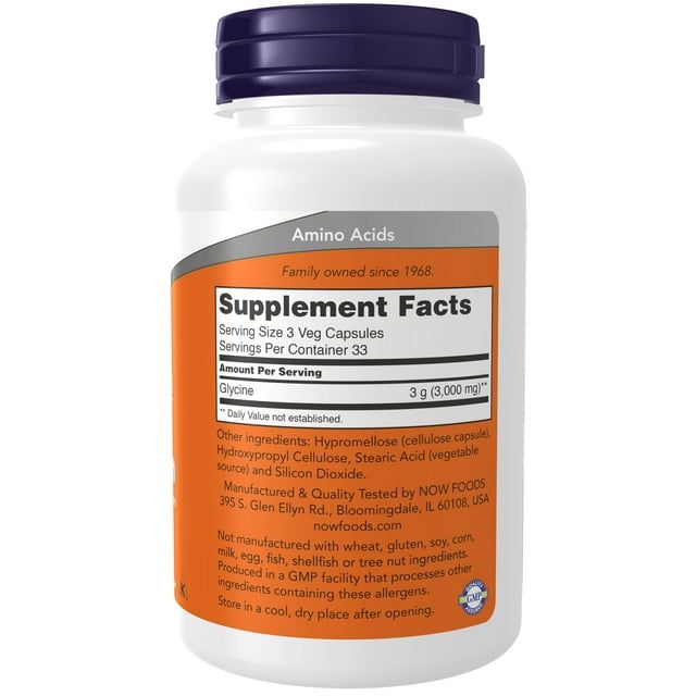 NOW Supplements, Glycine 1,000 mg Free-Form, Neurotransmitter Support*, 100 Veg Capsules