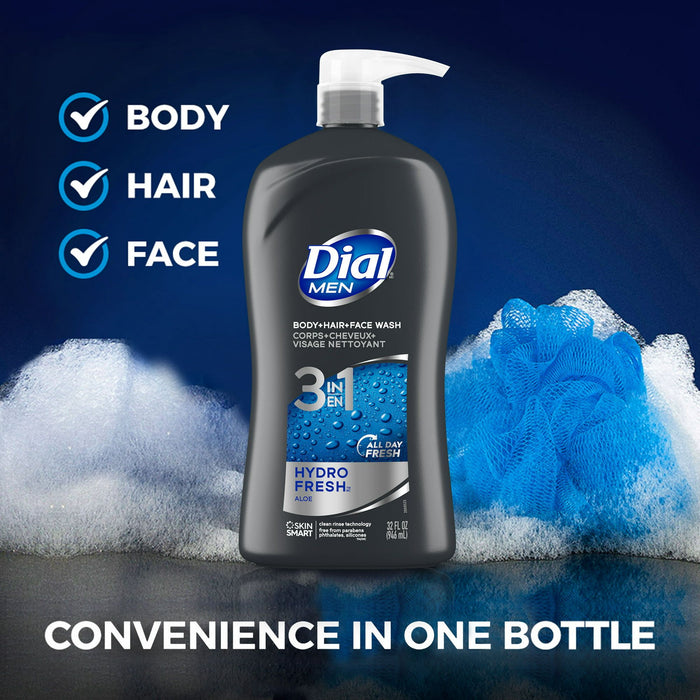 Dial Men 3in1 Body, Hair and Face Wash, Hydro Fresh, 32 fl oz