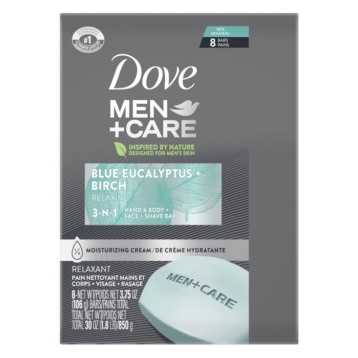 D ove Men+Care 3-in-1 Hand & Body + Face + Shave Bar Relaxing, Blue Eucalyptus, 3.75 oz (8 Bars)