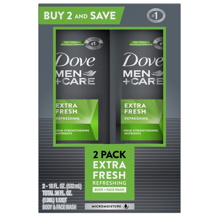 Dove Men+Care Extra Fresh Refreshing Hydrating Face and Body Wash Twin Pack, 18 fl oz