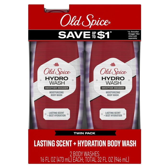 Old Spice Men's Body Wash Moisturizing Hydro Wash Smoother Swagger, 16 fl oz, Pack of 2