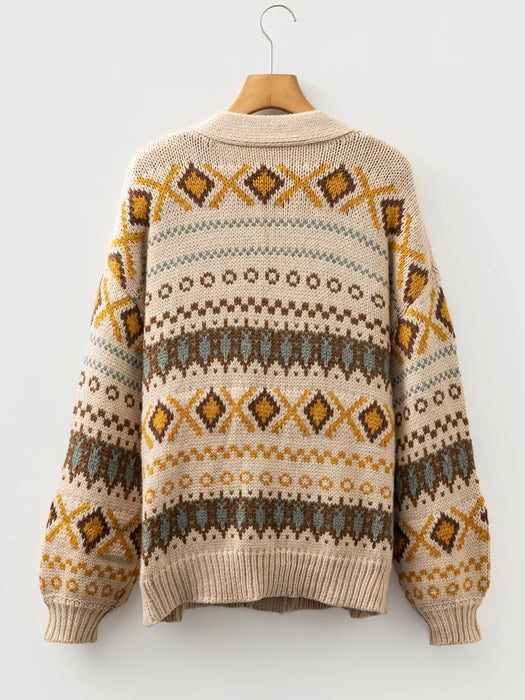 Western Pattern Knitted Button V Neck Cardigan Sweater