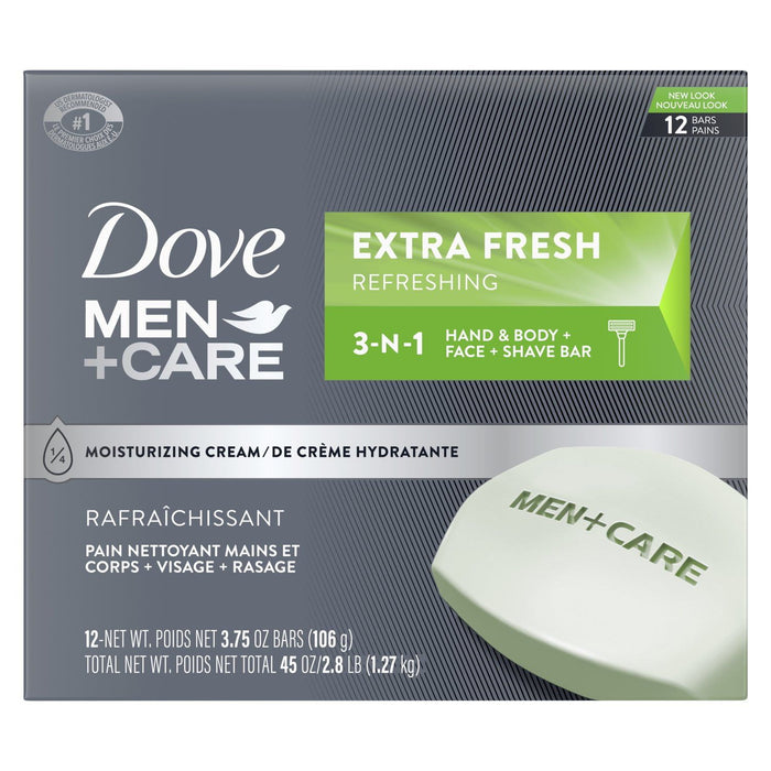 D ove Men+Care 3-in-1 Hand & Body + Face + Shave Bar Refreshing, Extra Fresh, 3.75 oz (12 Bars)