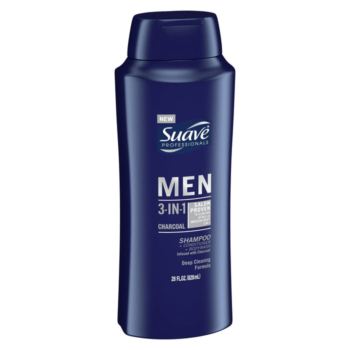 Suave Professionals 3-in-1 Shampoo, Conditioner & Body Wash for Men with Charcoal, 28 fl oz