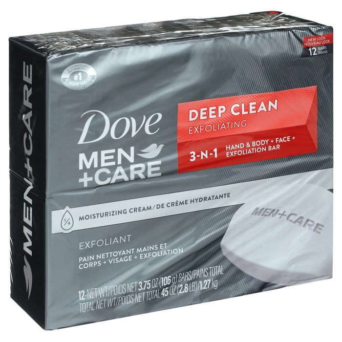 Dove Men+Care 3-in-1 Hand & Body + Face + Exfoliation Bar, Deep Clean, 3.75 oz (12 Bars)