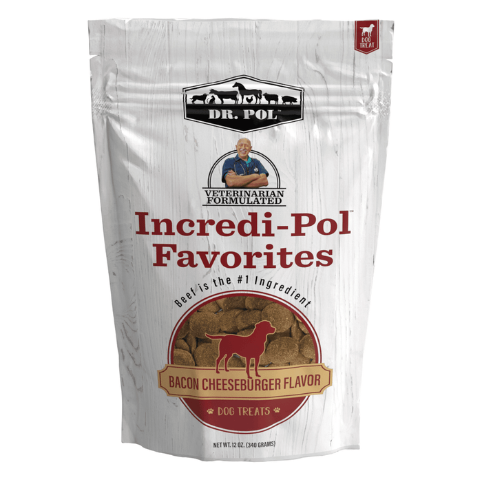 Dr. Pol Incredi-Pol Favorites Bacon Cheeseburger Flavor Crunchy Dog Treats, 12 oz. Bag. Veterinarian Formulated and Perfect for Small, Medium and Large Dogs.