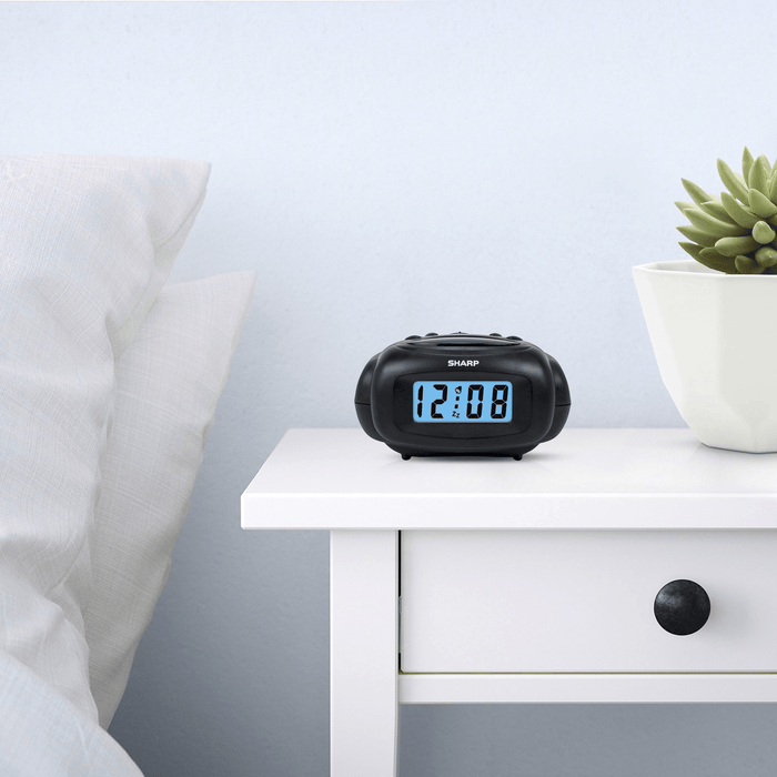 SHARP Digital Alarm Clock, Black, LCD Display, Battery Operated, Small, Travel Clock