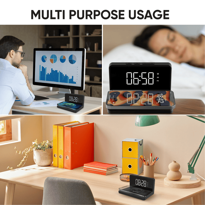 Premier LED Digital Alarm Clock and Wireless Mobile Phone Charger for Home, Office, Black