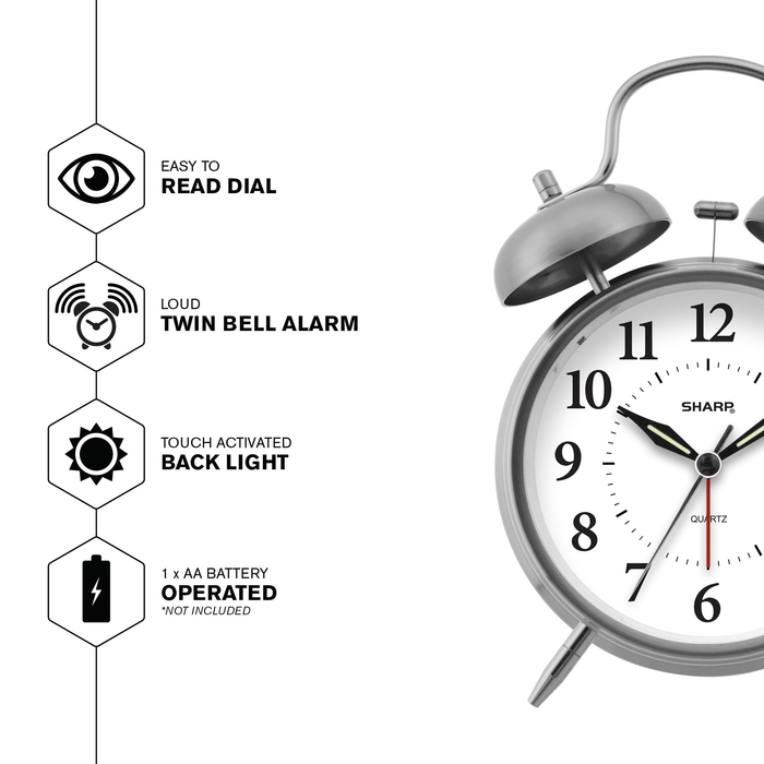 SHARP Twin Bell Quartz Analog Alarm Clock, Silver Brushed Metal, Loud Alarm, Battery Operated