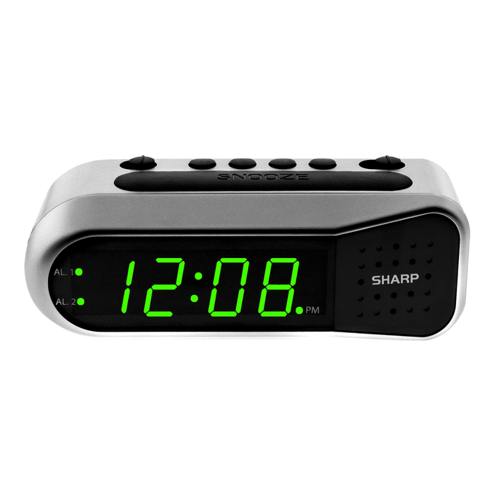 SHARP Digital Dual Alarm Clock, Silver with Green LED Display, Ascending Alarm