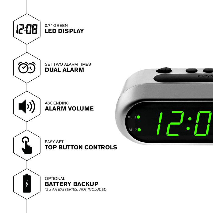 SHARP Digital Dual Alarm Clock, Silver with Green LED Display, Ascending Alarm