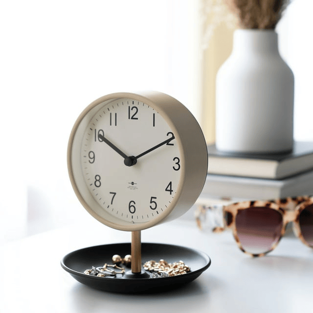 Better Homes & Garden Light Tan Finish and Black Tabletop Round Analog Dial Clock with Trinket Tray Base