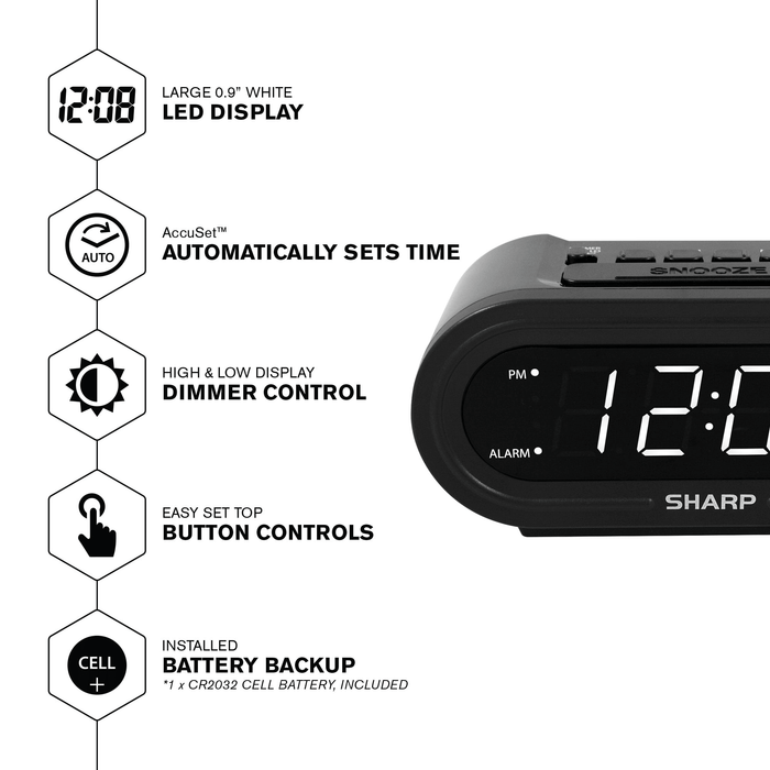 SHARP Digital Alarm Clock with AccuSet - Automatic Set, Black with White LED Display