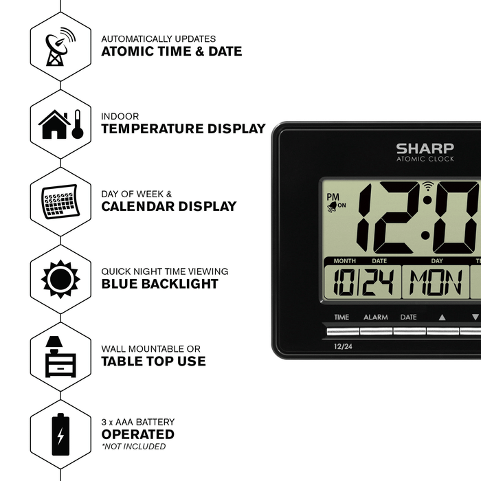 SHARP Digital Atomic Clock, Atomic Accuracy, Date, Temperature, Black Case, LCD Display