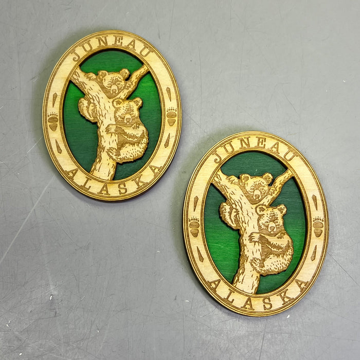 (2 PACK) Baby Bears Tree Laser Cut Wood Magnet Souvenir JUNEAU, AK Made In USA